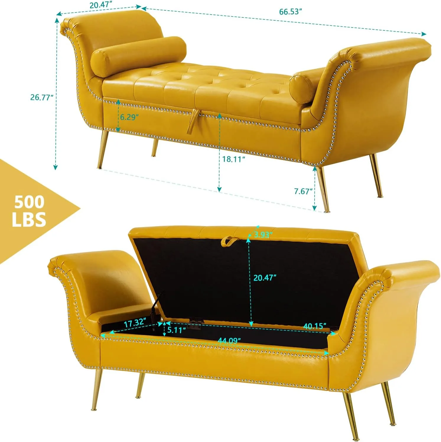 Setawix PU Leather Storage Ottoman Bench End of Bed 66.53" Tufted Rolled Arm Bed Bench with Storage for Bedroom Flared Armed Window Entryway Seating Benches with Golden Metal Legs (Yellow)