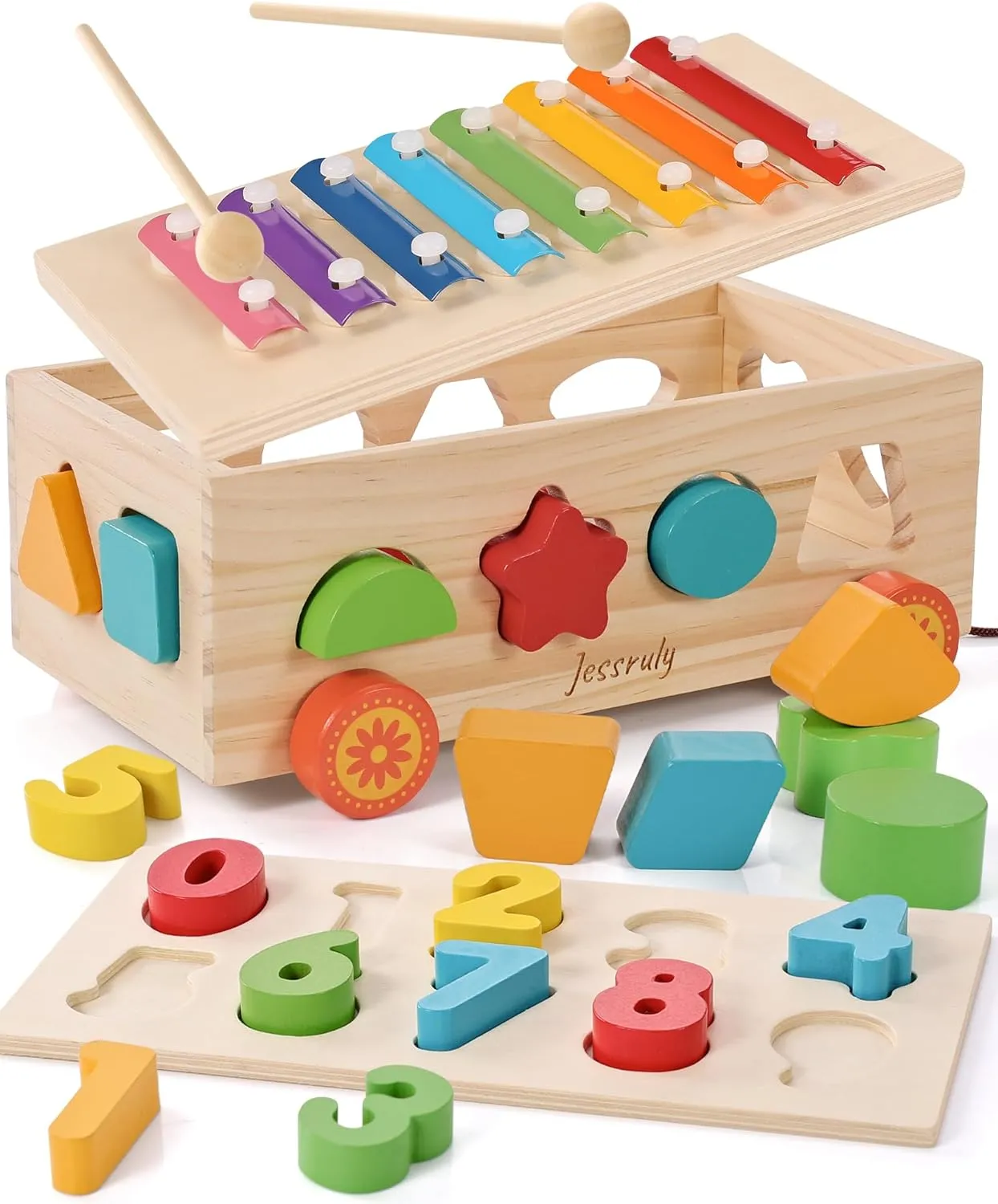 Shape Sorter - Wooden Xylophone and Montessori Number Puzzle Set for Babies - Educational Sorting Game with Storage Car for Toddlers