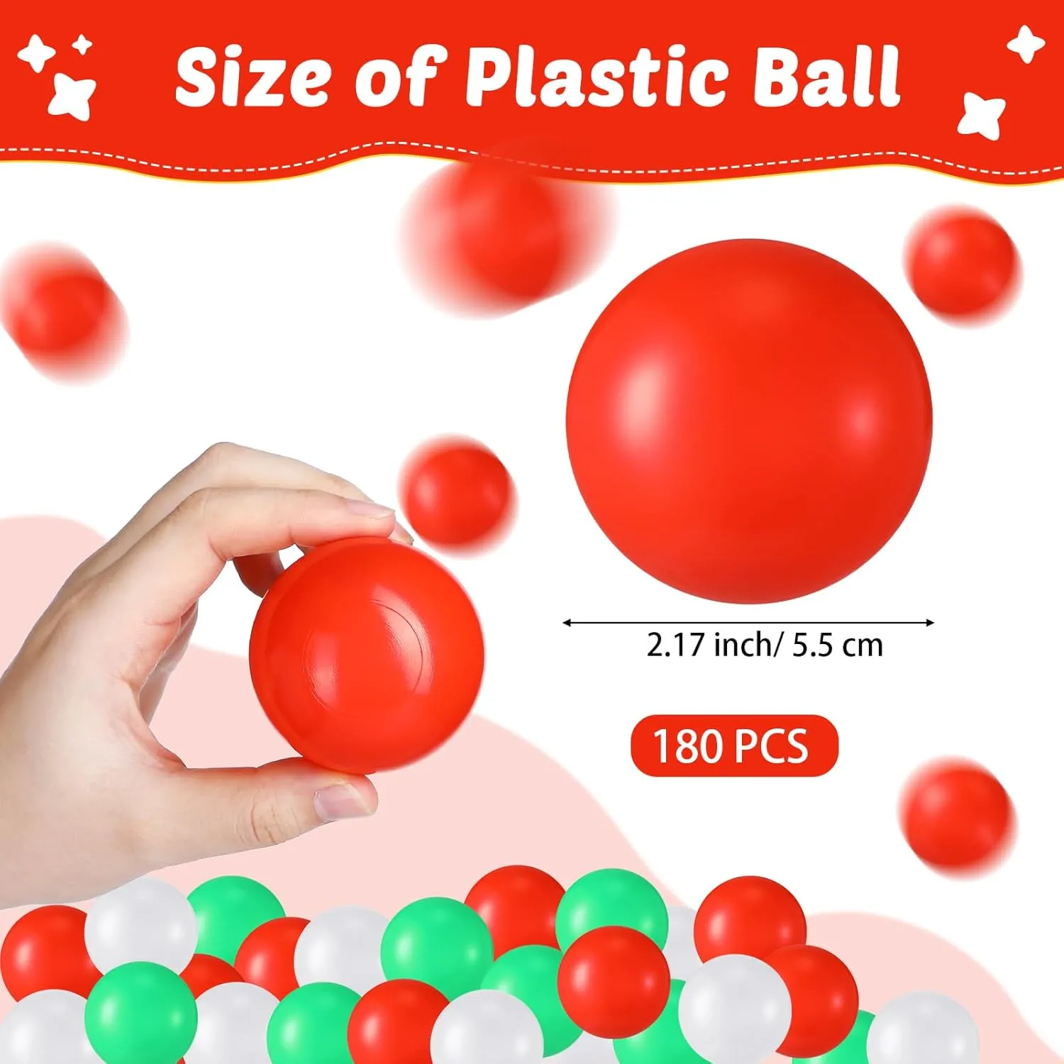 Shappy 180 Pcs Soft Plastic Balls for Toddlers, Crush Proof Ocean Balls Reusable for Photo Booth Props Play Tent Swimming Pool Party Holiday Decoration(Green, Red, White)