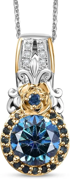 SHOP LC DELIVERING JOY Blue Moissanite and Multi Gemstone 2.15 ctw Pendant Necklace 20 Inches in 18K Vermeil Yellow Gold and Rhodium Plated Sterling Silver Birthday Gifts