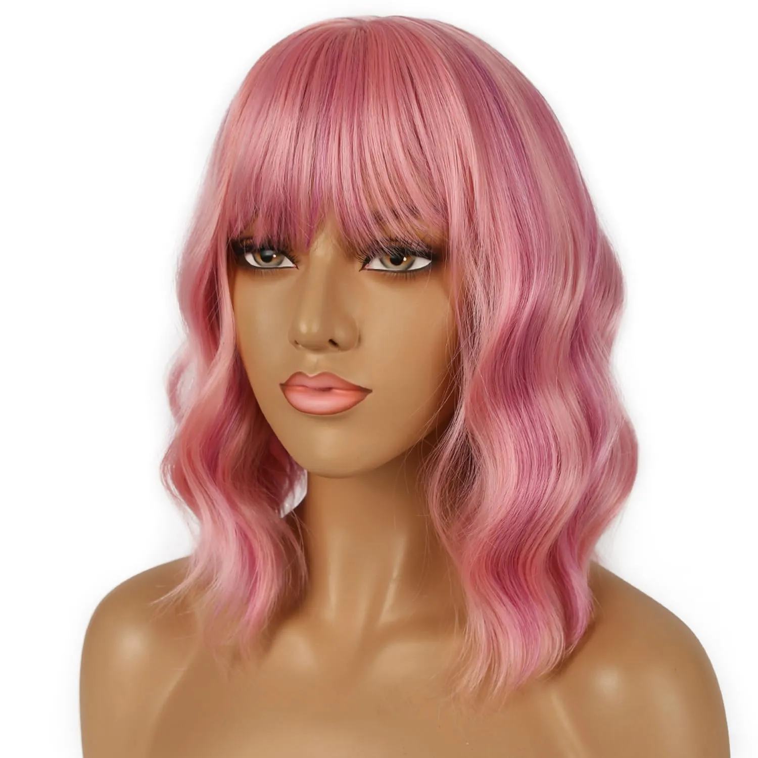 Short Bob Wigs with Bangs for Women Loose Wavy Wig Curly Wavy Shoulder Length Bob Synthetic Cosplay Wig for Girl Colorful Costume Wigs (Lovely Pink)