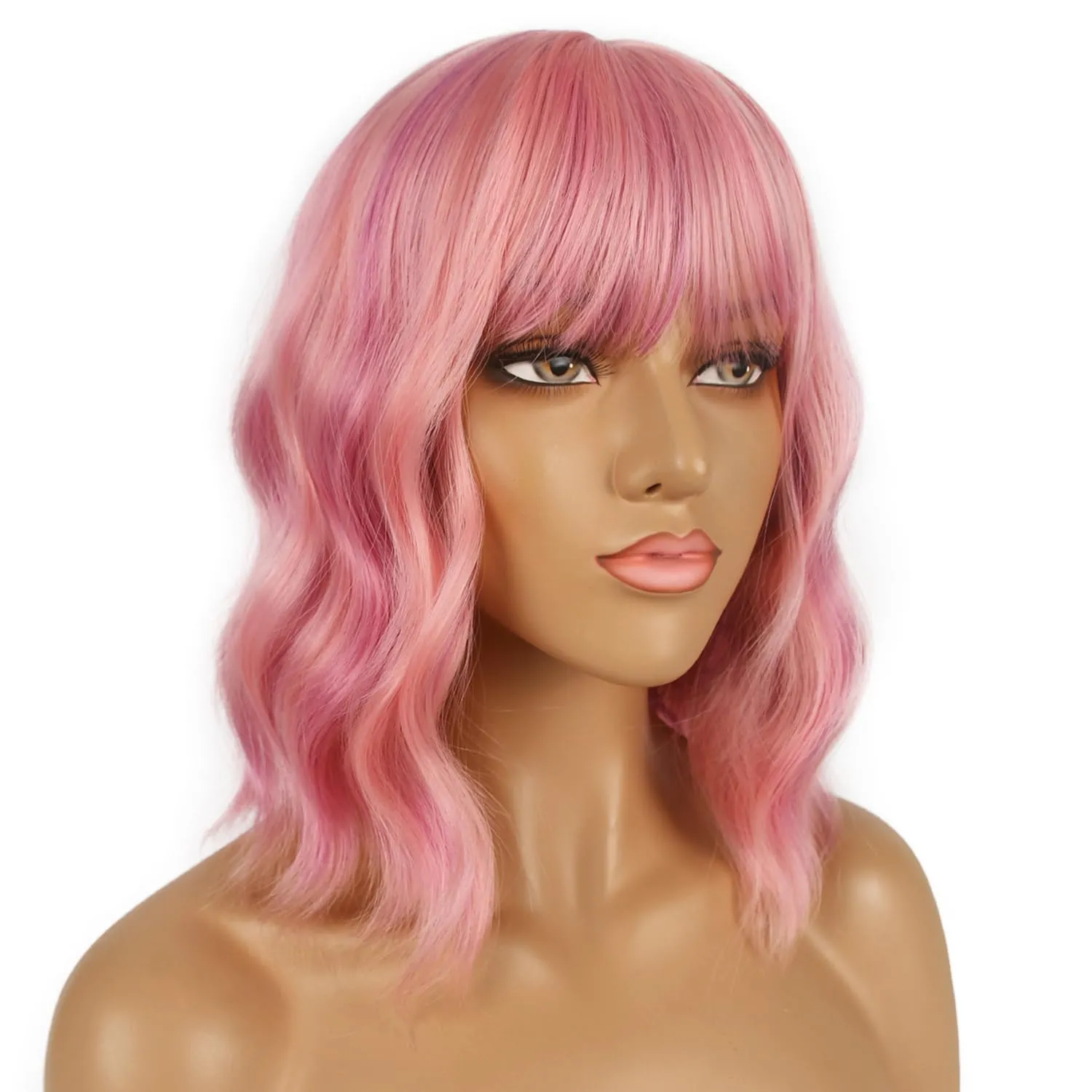 Short Bob Wigs with Bangs for Women Loose Wavy Wig Curly Wavy Shoulder Length Bob Synthetic Cosplay Wig for Girl Colorful Costume Wigs (Lovely Pink)