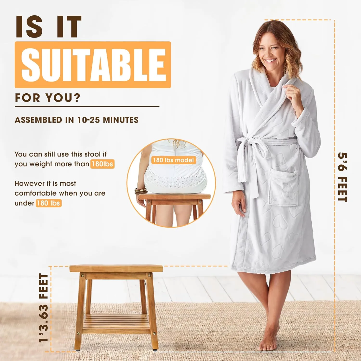 Shower Stool Bench Chair Waterproof with Storage Shelf for Shaving Legs, Spa, Bath Seat, Inside Shower Bench for Adults Seniors Elderly, Outdoor Side Table, Patio, Pool, End Table (16 Inches)