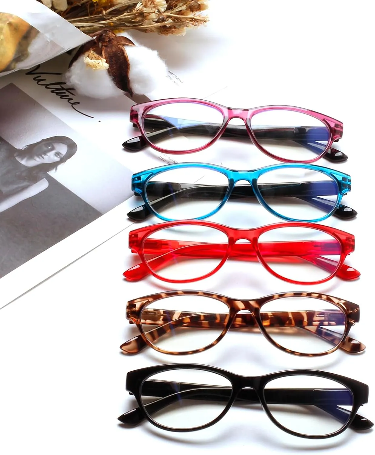 SIGVAN Ladies Cat Eye Reading Glasses 5 Pairs Blue Light Blocking Spring Hinge Fashion Pattern Print Readers for Women