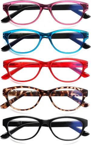 SIGVAN Ladies Cat Eye Reading Glasses 5 Pairs Blue Light Blocking Spring Hinge Fashion Pattern Print Readers for Women