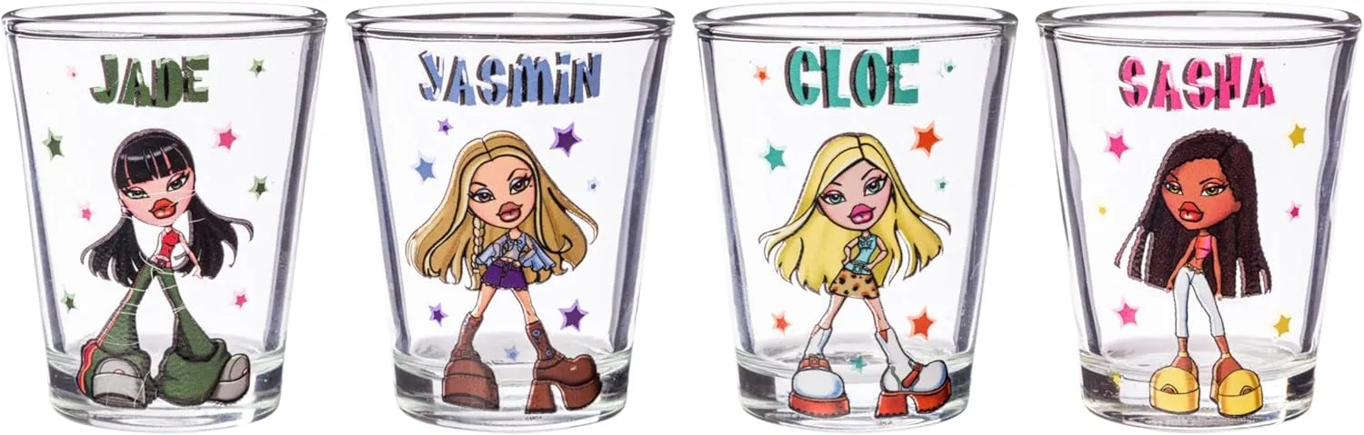 Silver Buffalo Bratz Dolls Fashionista Stars Featuring Jade, Yasmin, Cloe, and Sasha 4 Pack Mini Glasses, 1.5 Ounces