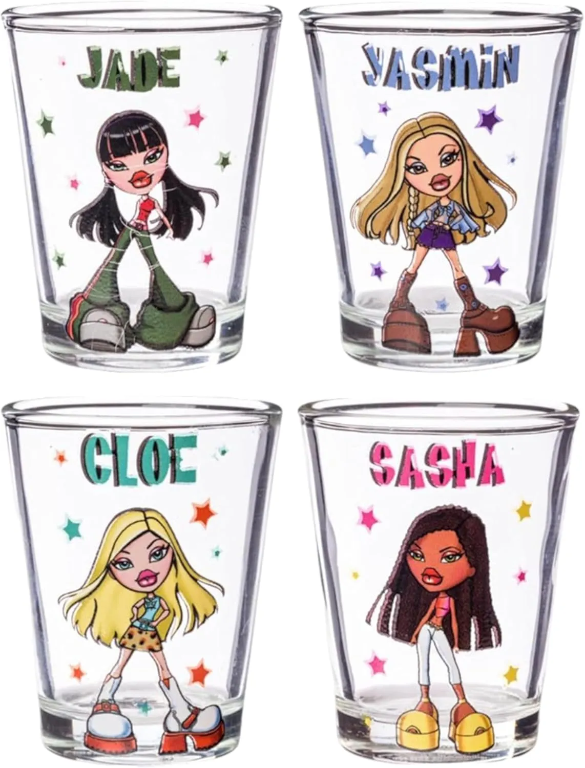 Silver Buffalo Bratz Dolls Fashionista Stars Featuring Jade, Yasmin, Cloe, and Sasha 4 Pack Mini Glasses, 1.5 Ounces