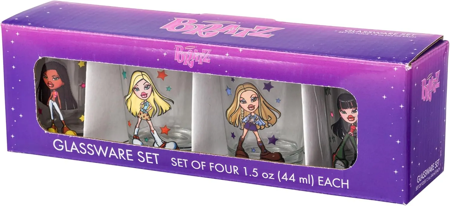 Silver Buffalo Bratz Dolls Fashionista Stars Featuring Jade, Yasmin, Cloe, and Sasha 4 Pack Mini Glasses, 1.5 Ounces