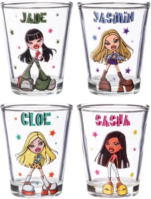 Silver Buffalo Bratz Dolls Fashionista Stars Featuring Jade, Yasmin, Cloe, and Sasha 4 Pack Mini Glasses, 1.5 Ounces