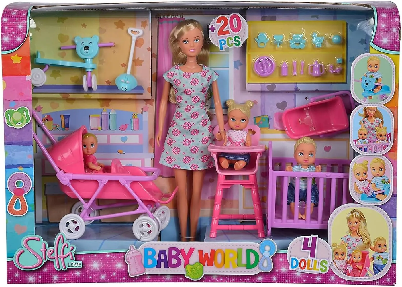 Simba Toys Steffi Love Baby World Set - Kindergarten Teacher Steffi Doll with Baby, Cot, Stroller, High Chair, and Bathtub, Ages 3 