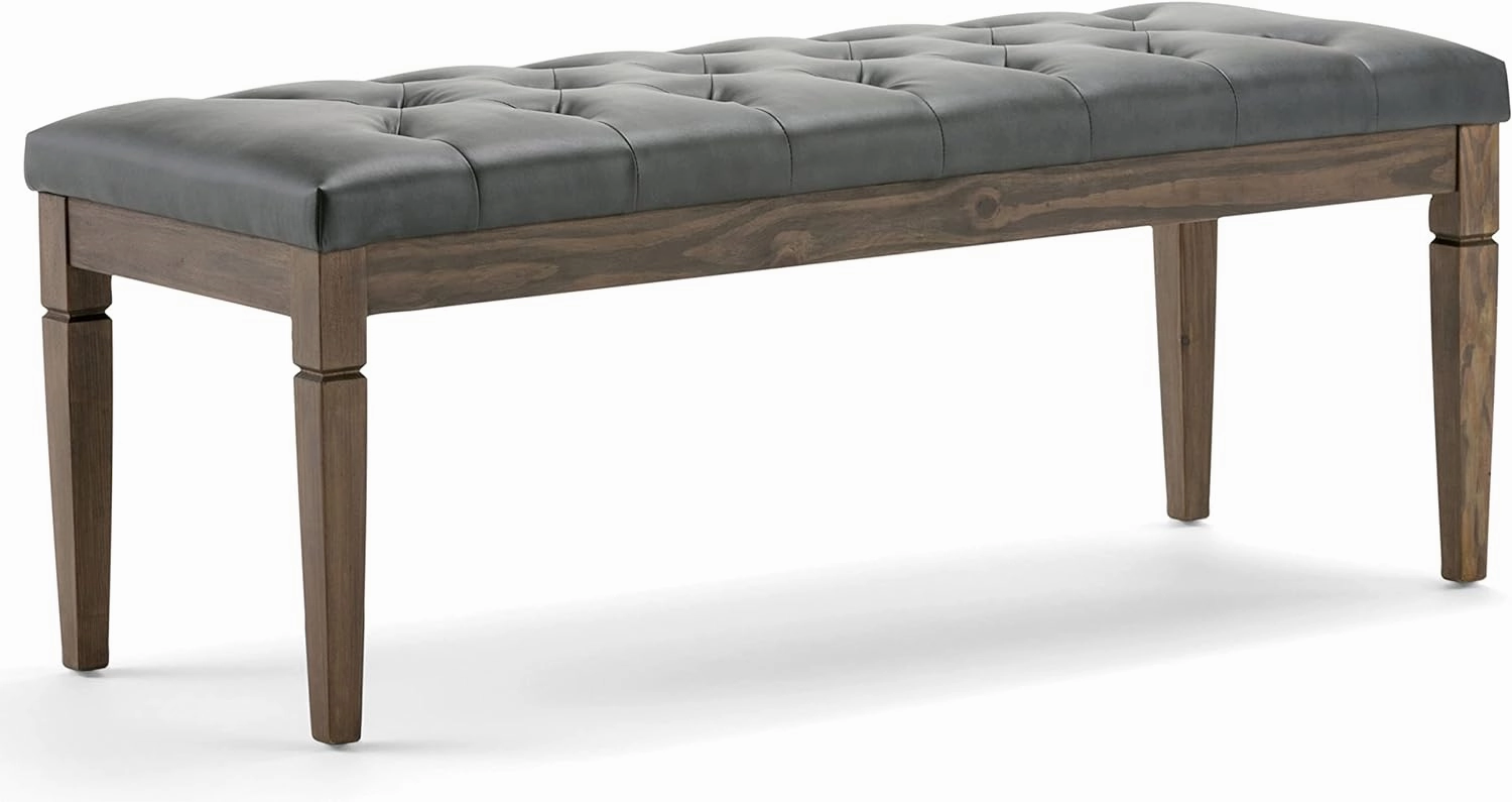 SIMPLIHOME Waverly 48 inch Wide Traditional Rectangle Tufted Ottoman Bench in Slate Grey Vegan Faux Leather, Assembled, For the Living Room and Bedroom
