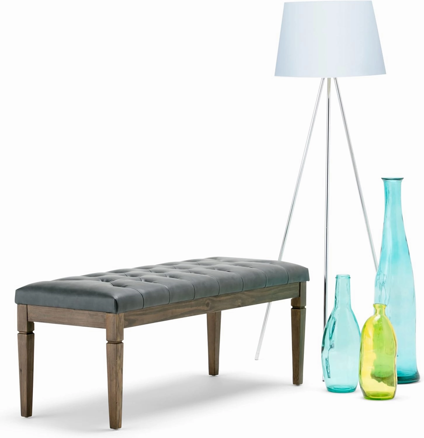 SIMPLIHOME Waverly 48 inch Wide Traditional Rectangle Tufted Ottoman Bench in Slate Grey Vegan Faux Leather, Assembled, For the Living Room and Bedroom