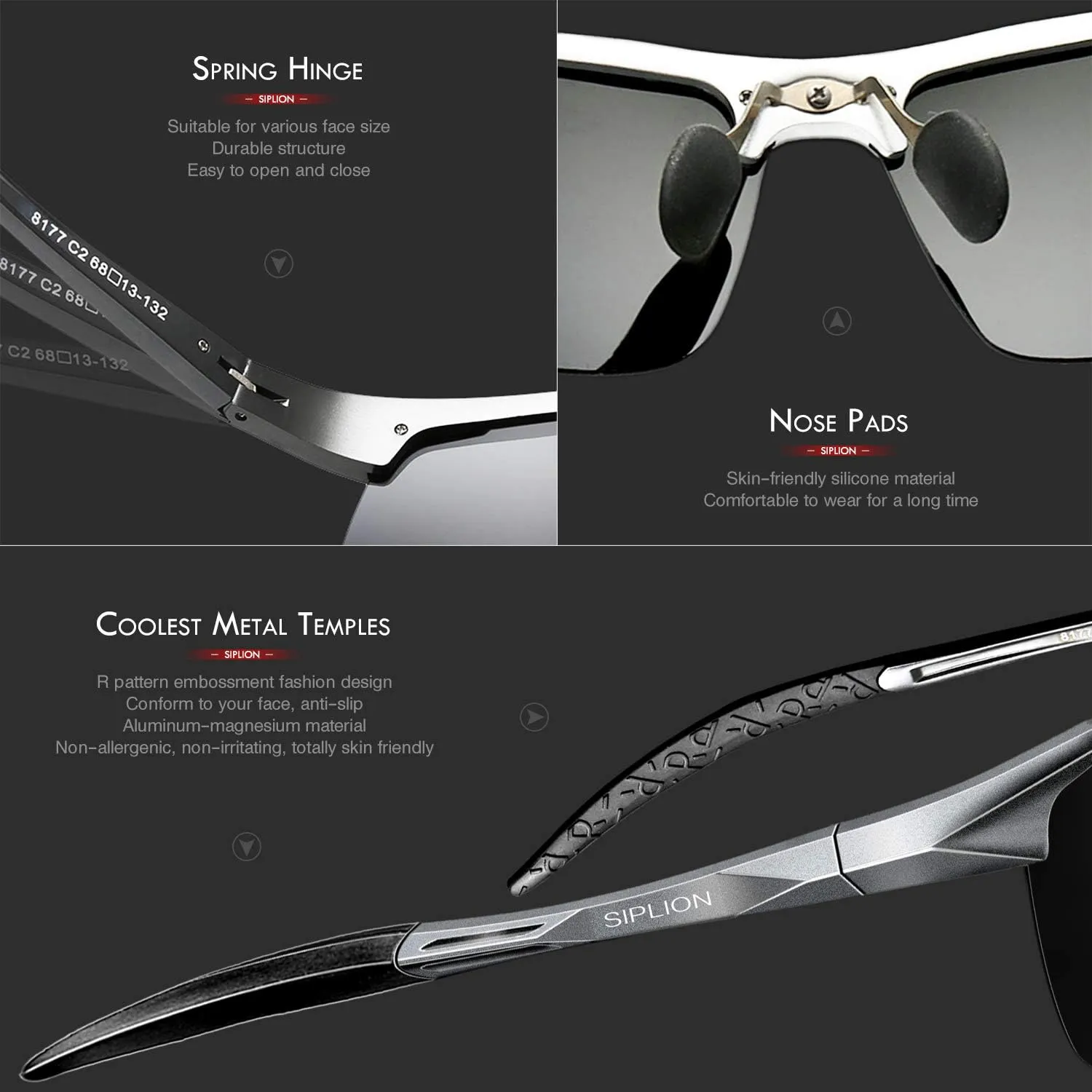 SIPLION Sunglasses Men Polarized for Men's Driving Sport Fishing hiking UV Protection Al-Mg Metal Frame Ultra Light