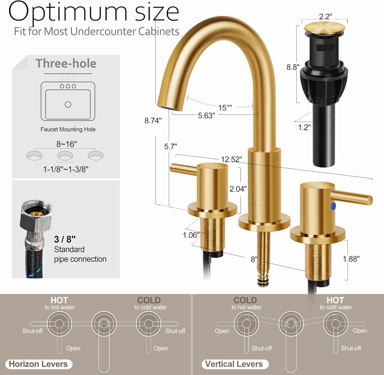 SK1B001AR Bathroom Sink faucets, 8 INCH Gooseneck - Lever, Gold   G
