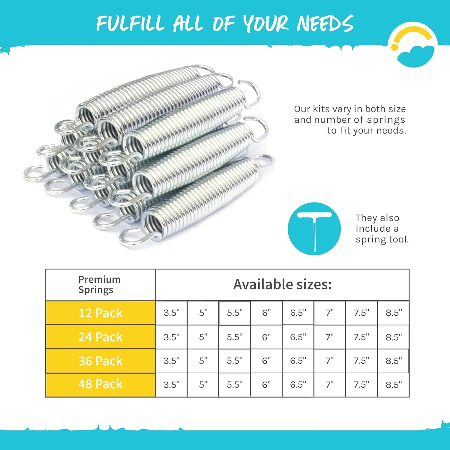 SkyBound Universal Replacement Trampoline Springs with Spring Tool | Heavy-Duty Galvanized Steel | Set of 12-48 | Sizes 3.5" to 8.5" | for Skywalker, JumpKing, UpperBounce, SportsPower and Others