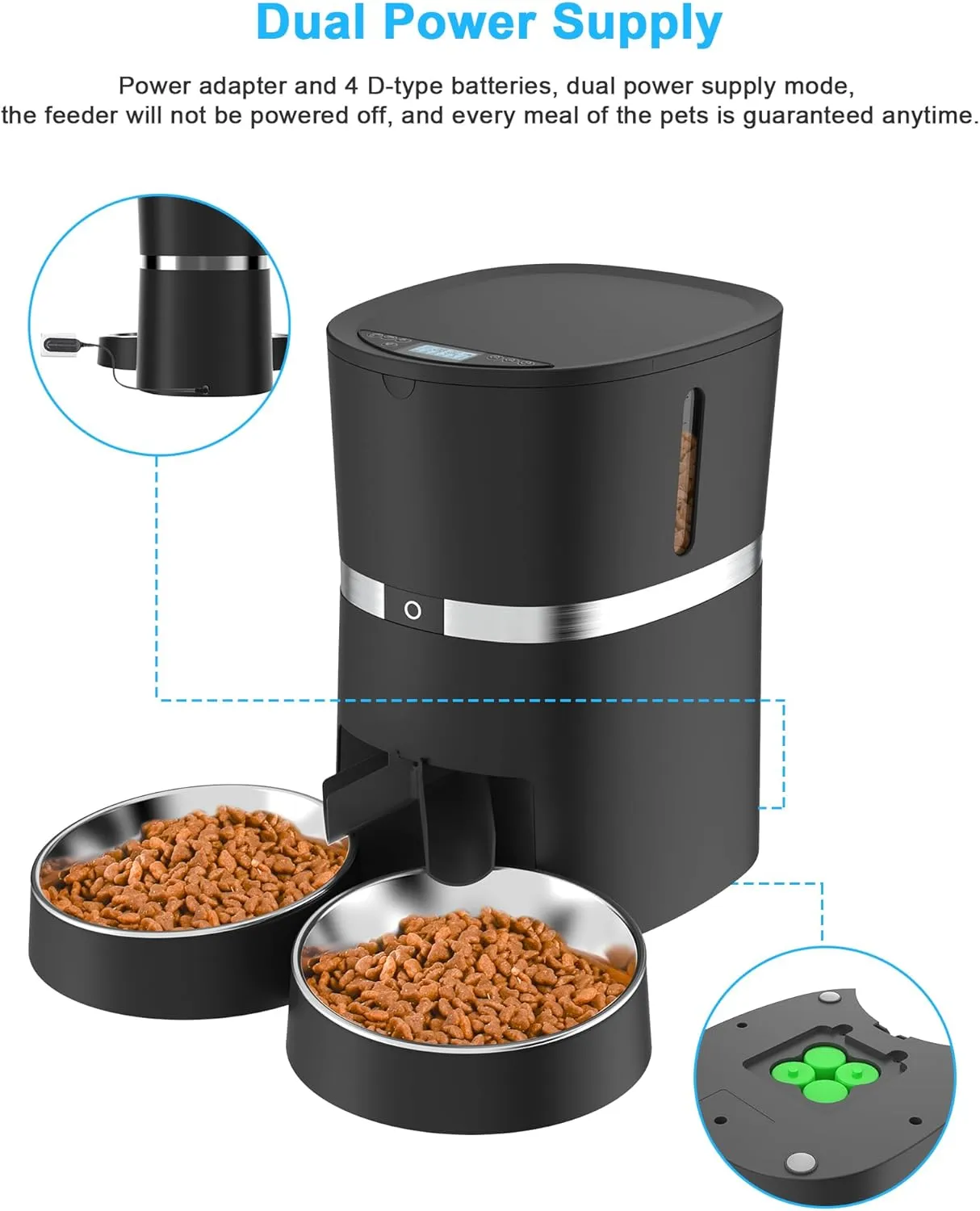 Smart Cat Feeder, WellToBe Automatic Cat Feeder WiFi Enable Pet Dog Food Dispenser App Control for Cat&Dog with Two-Way Splitter and Two Bowls, Voice Recorder Distribution Alarms, Portion Control