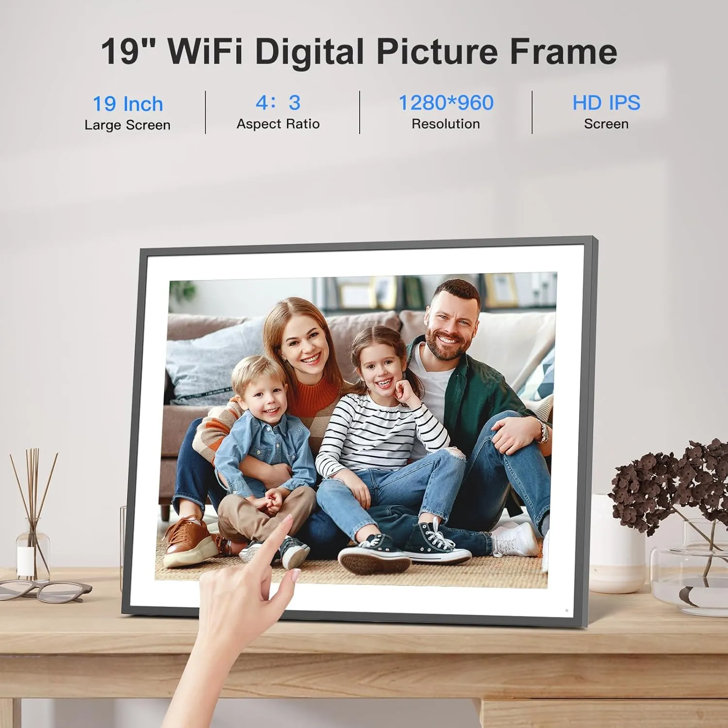 Smart Digital Picture Frame 19-inch-Photo-Frame - Dual-WiFi Large Digital Frame, Touch Screen, 64GB, Full Function, Wall Mountable, Easily Sharing Photos Videos via App Email, Unlimited Cloud Storage