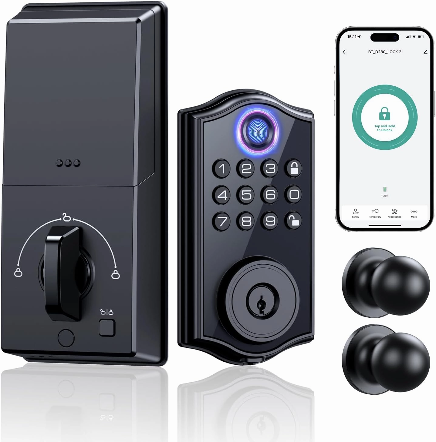 Smart Locks for Front Door,APP Control Keyless Entry Fingerprint Door Lock,Keypad Deadbolt Set with Handle,Easy Installation,Auto-Lock,(Matte Black)
