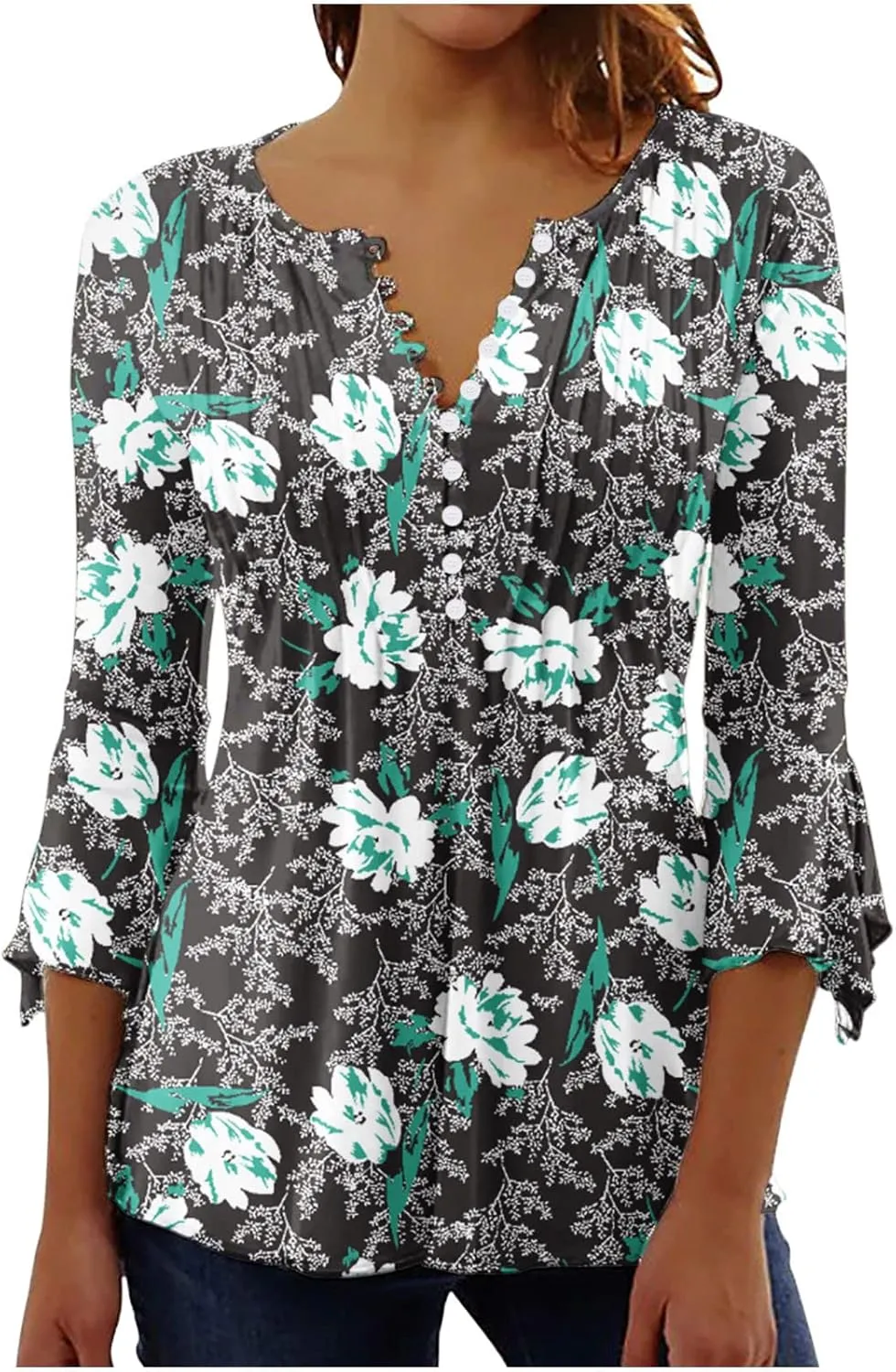 SMIDOW Three Quarter Bell Sleeve Tops for Women Fashion Summer Tunic Shirt 3/4 Sleeve Henley v Neck Boho Floral Tshirt Blouse