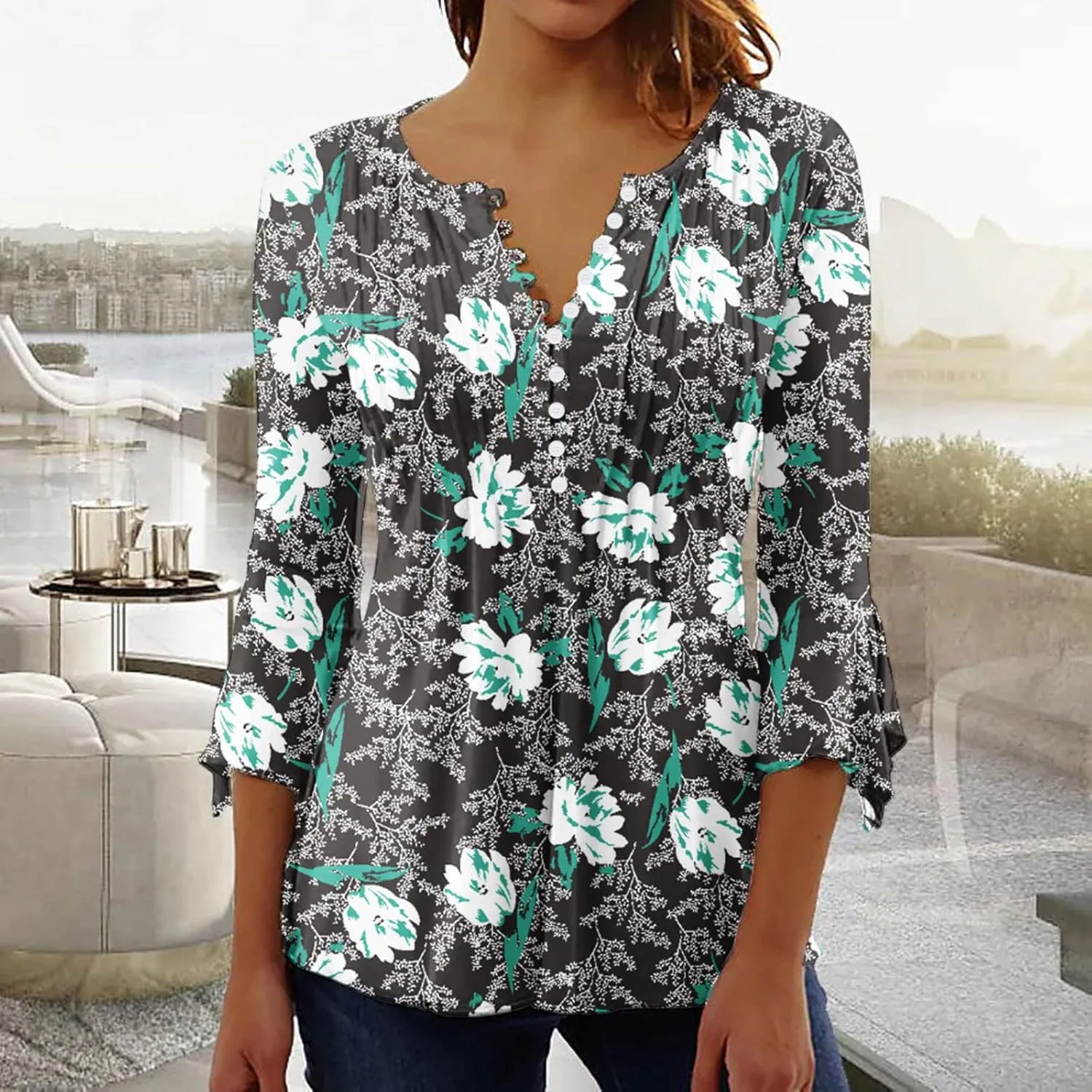 SMIDOW Three Quarter Bell Sleeve Tops for Women Fashion Summer Tunic Shirt 3/4 Sleeve Henley v Neck Boho Floral Tshirt Blouse