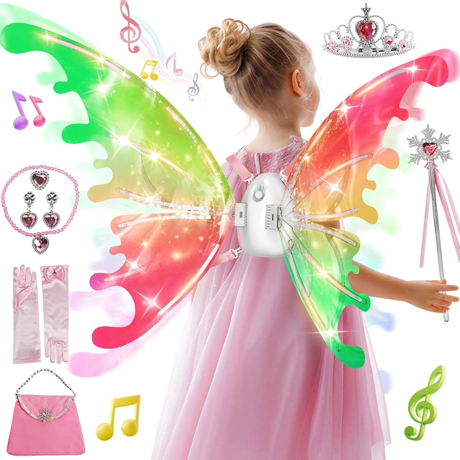 SMILESSKIDDO Electric Fairy Wings - Princess Dress up Costume and Light Up Butterfly Wings with LED Lights & Music, Cosplay Cape/Crown/Wand, Halloween Christmas Gift for Girls, Kids