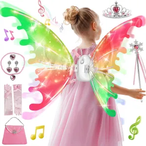 SMILESSKIDDO Electric Fairy Wings - Princess Dress up Costume and Light Up Butterfly Wings with LED Lights & Music, Cosplay Cape/Crown/Wand, Halloween Christmas Gift for Girls, Kids