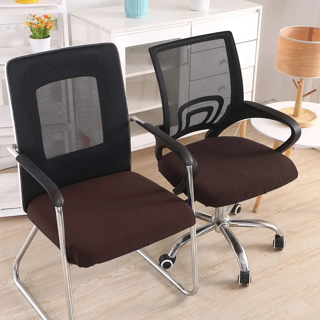 Smiry Stretch Jacquard Office Computer Chair Seat Covers, Removable Washable Anti-dust Desk Chair Seat Cushion Protectors - Chocolate