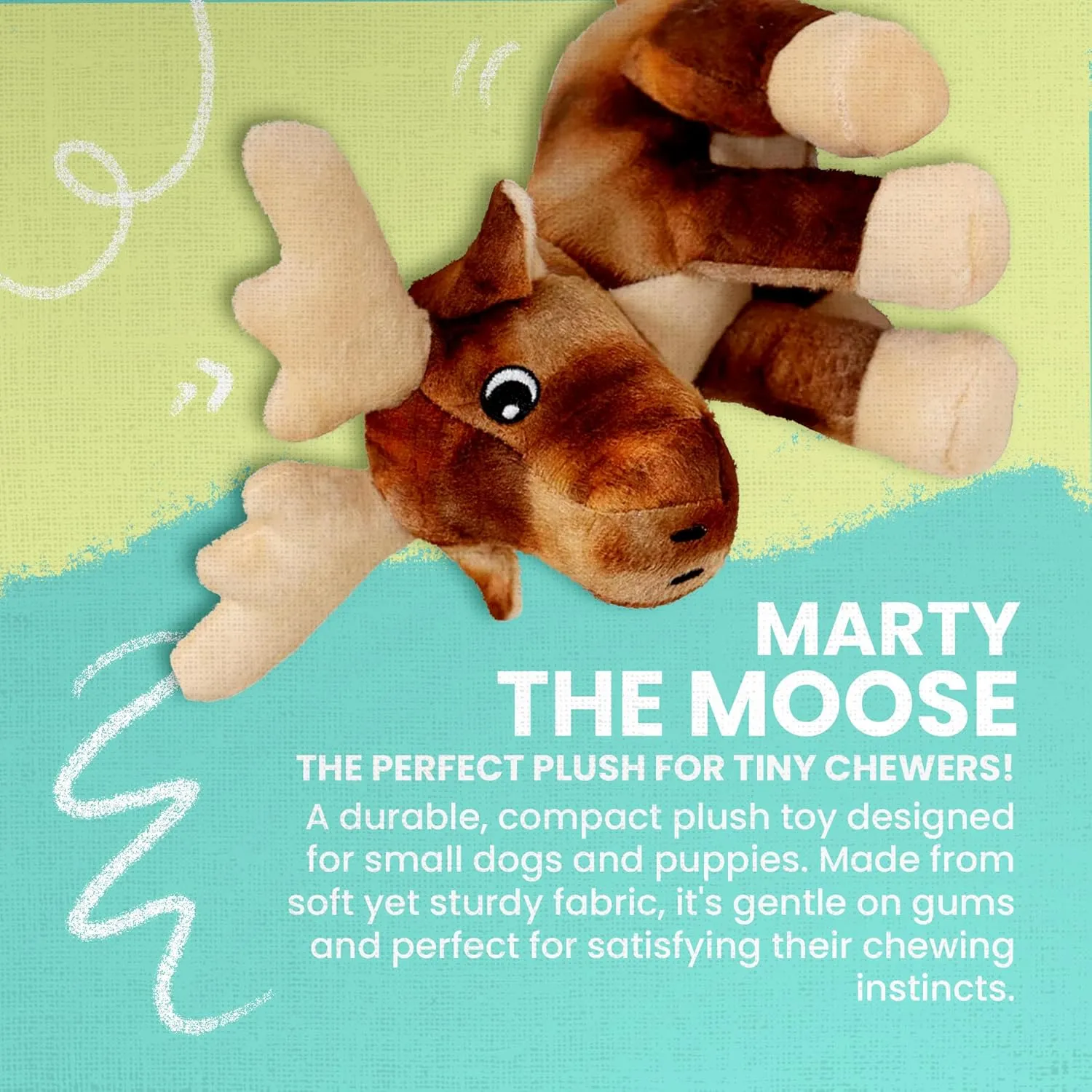 SNUG AROOZ Marty The Moose with Repair Patch - Soft Plush Toy with Squeakers & Crinkle - Durable & Fun for Small to Medium Dogs - Made from Recycled Materials