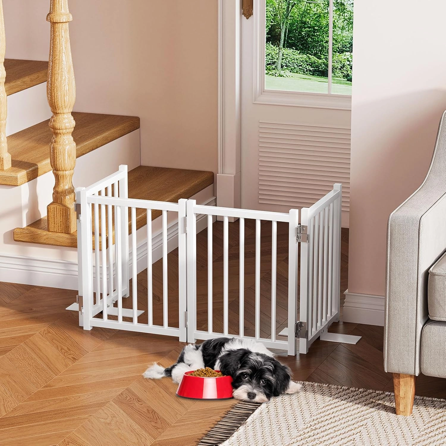 Snughome Dog Gate Indoor, 16" High Freestanding Dog Door Gates with Support Feet, Expands Up to 48’’ Wide Foldable Pet Gates for Doorways Hallways, 4 Panel Folding Pet Door Pet Fence for Puppy, White