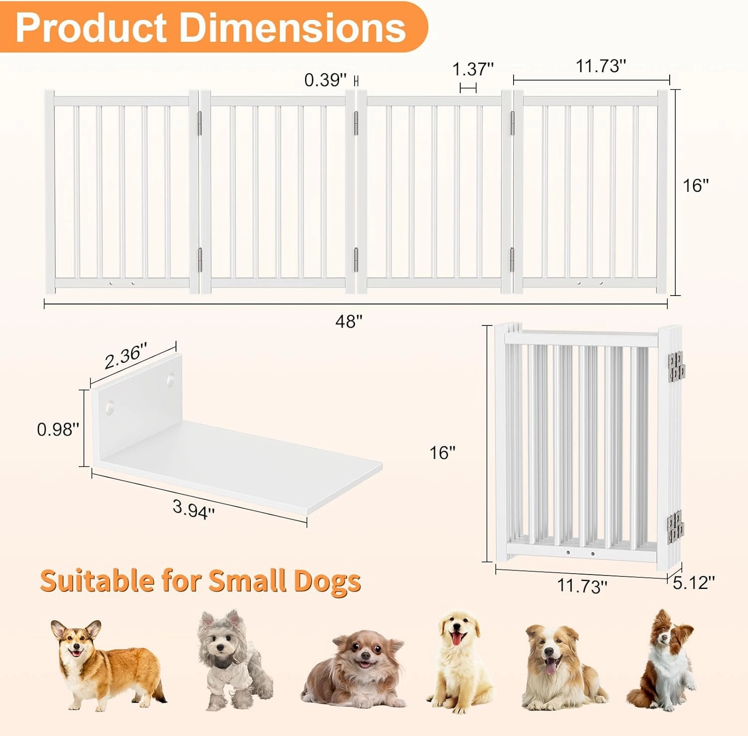 Snughome Dog Gate Indoor, 16" High Freestanding Dog Door Gates with Support Feet, Expands Up to 48’’ Wide Foldable Pet Gates for Doorways Hallways, 4 Panel Folding Pet Door Pet Fence for Puppy, White