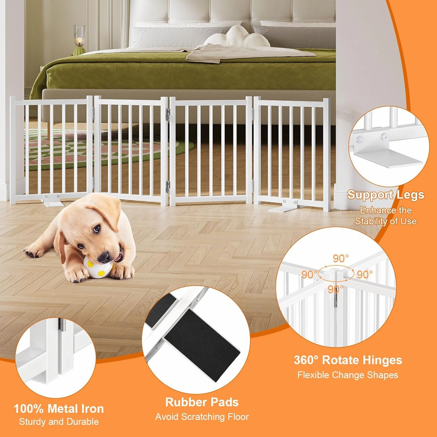 Snughome Dog Gate Indoor, 16" High Freestanding Dog Door Gates with Support Feet, Expands Up to 48’’ Wide Foldable Pet Gates for Doorways Hallways, 4 Panel Folding Pet Door Pet Fence for Puppy, White