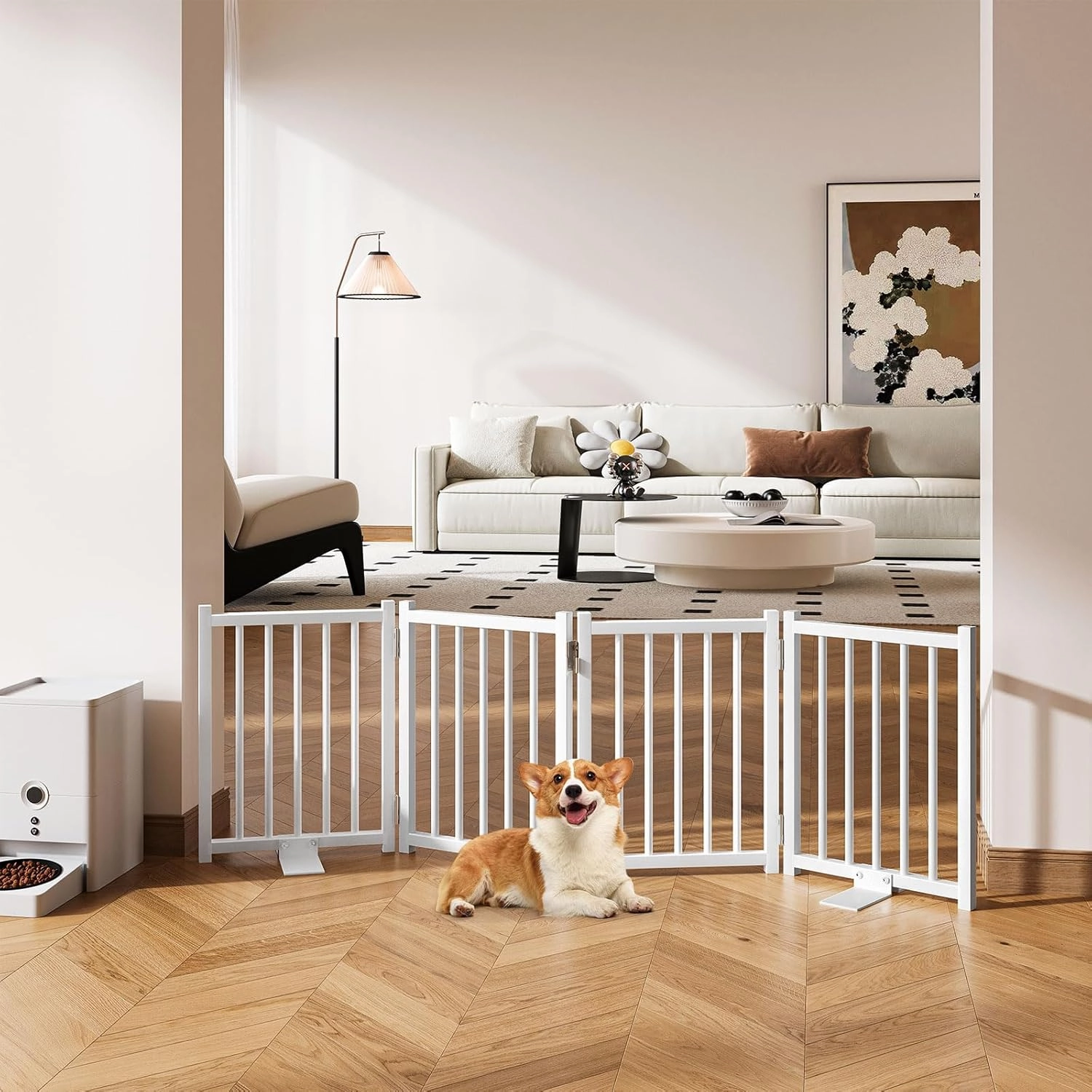 Snughome Dog Gate Indoor, 16" High Freestanding Dog Door Gates with Support Feet, Expands Up to 48’’ Wide Foldable Pet Gates for Doorways Hallways, 4 Panel Folding Pet Door Pet Fence for Puppy, White