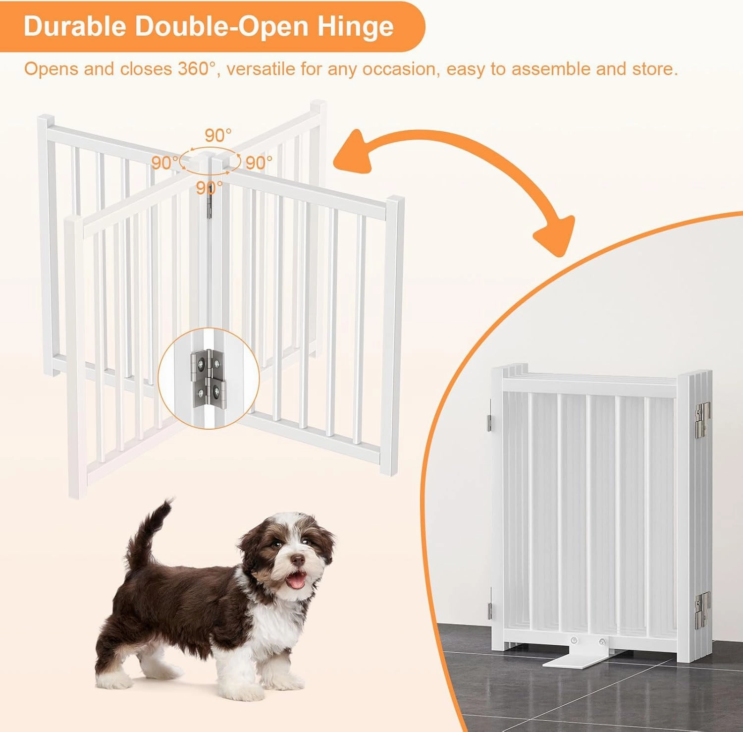 Snughome Dog Gate Indoor, 16" High Freestanding Dog Door Gates with Support Feet, Expands Up to 48’’ Wide Foldable Pet Gates for Doorways Hallways, 4 Panel Folding Pet Door Pet Fence for Puppy, White