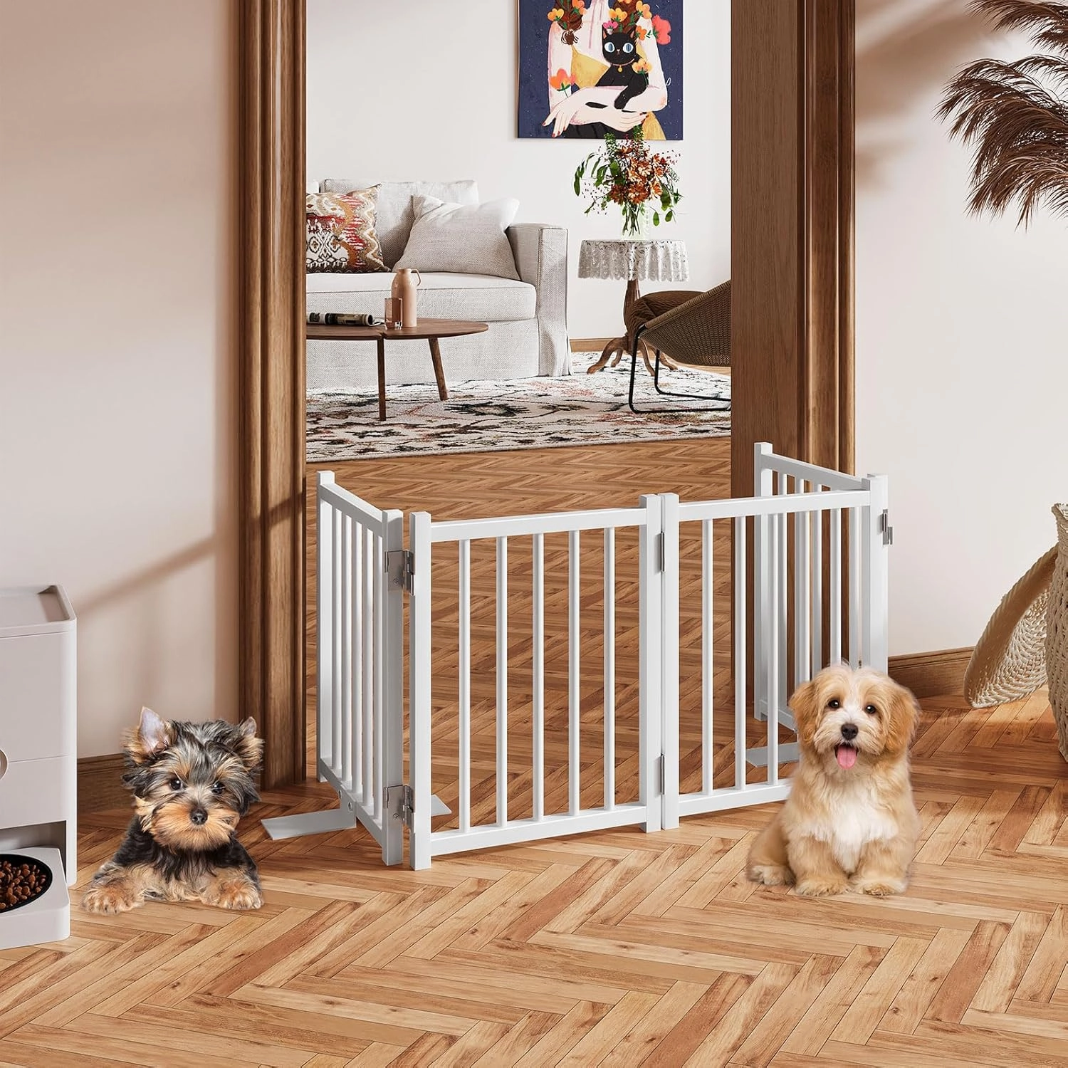Snughome Dog Gate Indoor, 16" High Freestanding Dog Door Gates with Support Feet, Expands Up to 48’’ Wide Foldable Pet Gates for Doorways Hallways, 4 Panel Folding Pet Door Pet Fence for Puppy, White