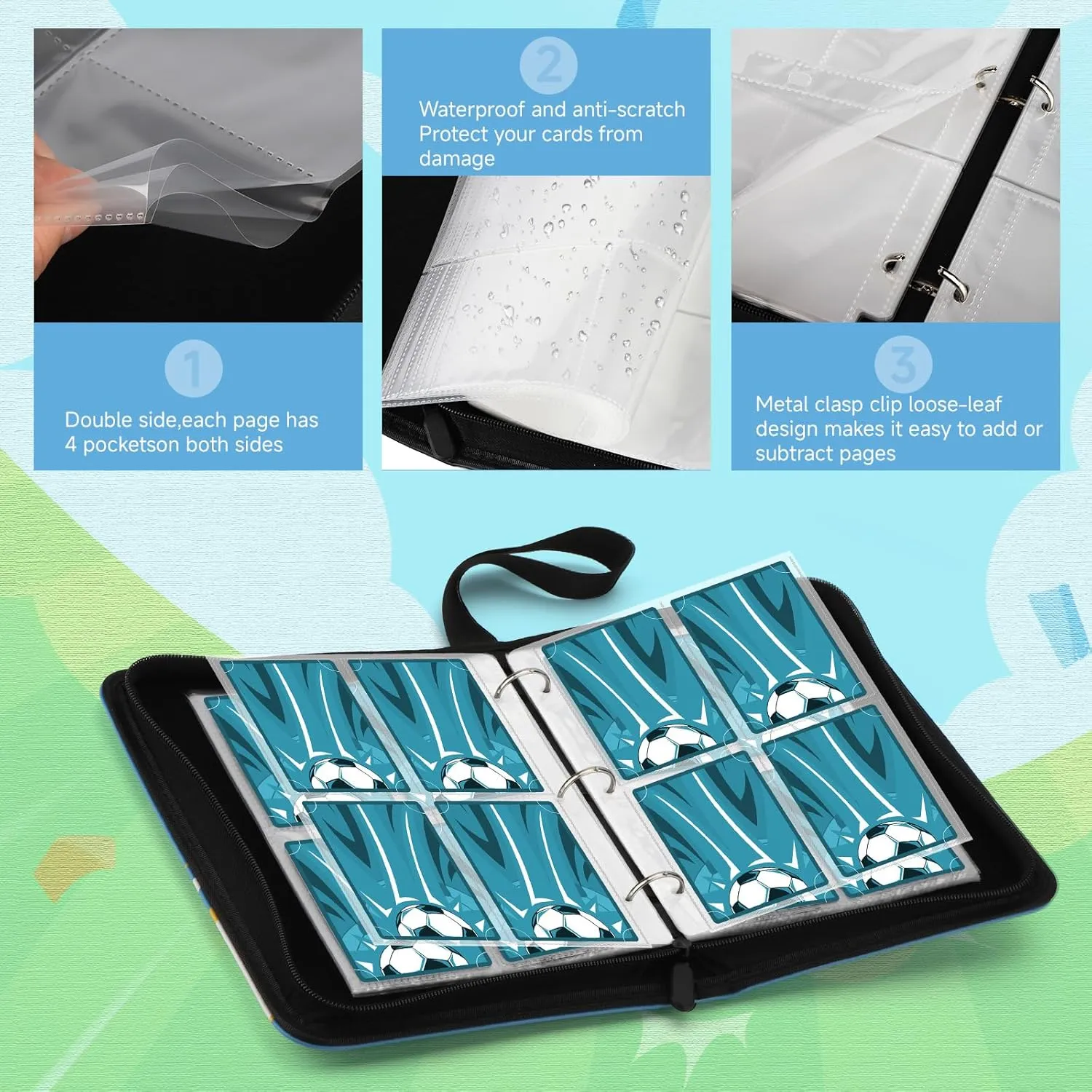 Soccer Card Binder Fits 440 Cards,4-Pocket Trading Card Binder,3 Ring Card Holder Binder with Zipper,Double-Sided Cards Storage with 55 Removable Sleeves(blue)