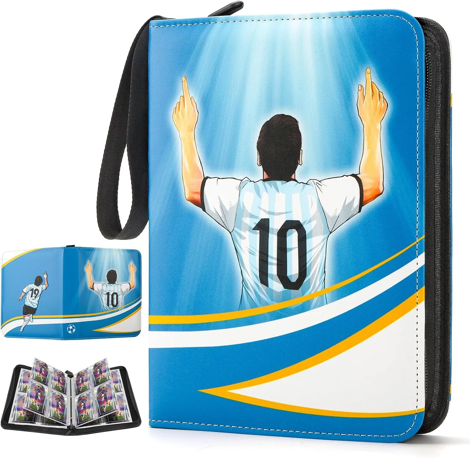 Soccer Card Binder Fits 440 Cards,4-Pocket Trading Card Binder,3 Ring Card Holder Binder with Zipper,Double-Sided Cards Storage with 55 Removable Sleeves(blue)