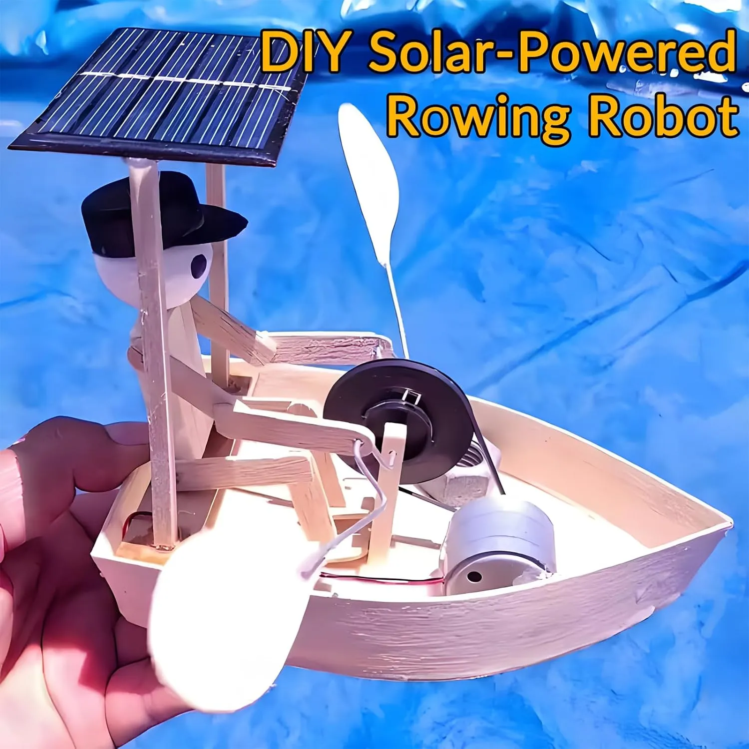 Solar Rowing Robot, Handmade Wooden Mini Boat, Funny Floating Water Toy, for Pool Yard Lawn Garden Desktop Decoration (1 PCS)