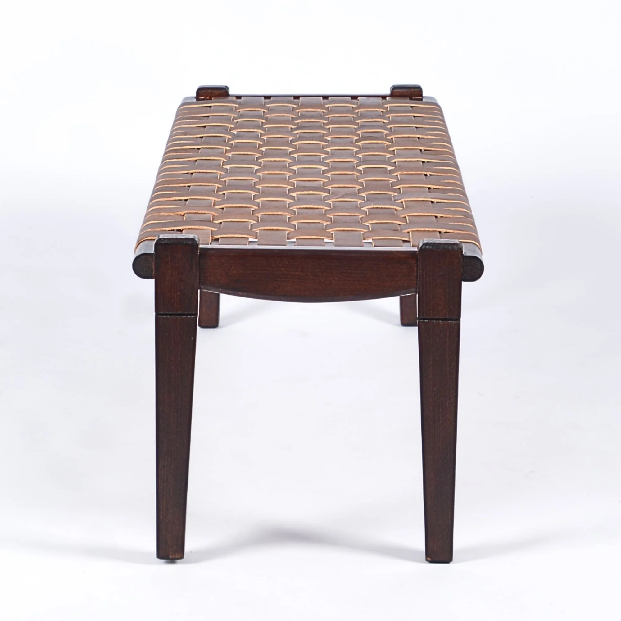 Solveig Woven Leather Bench- Brown Teak Wood With Strap Brown Leather