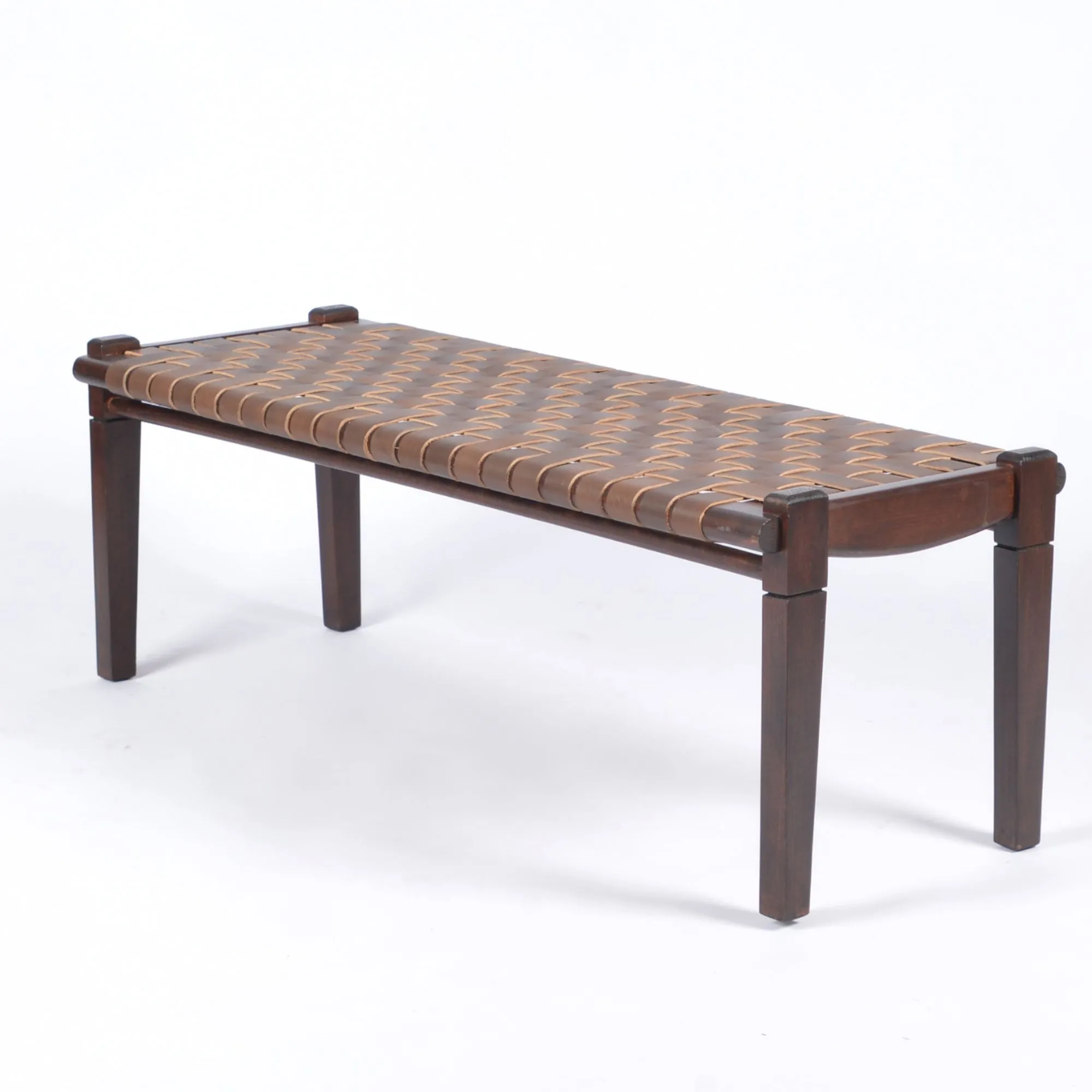 Solveig Woven Leather Bench- Brown Teak Wood With Strap Brown Leather
