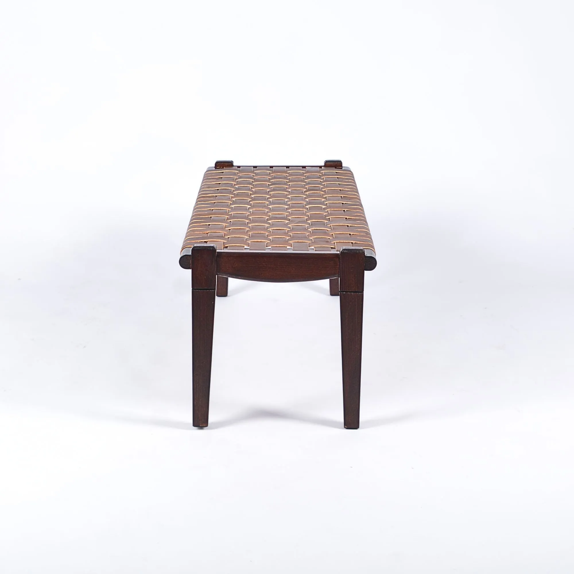 Solveig Woven Leather Bench- Brown Teak Wood With Strap Brown Leather