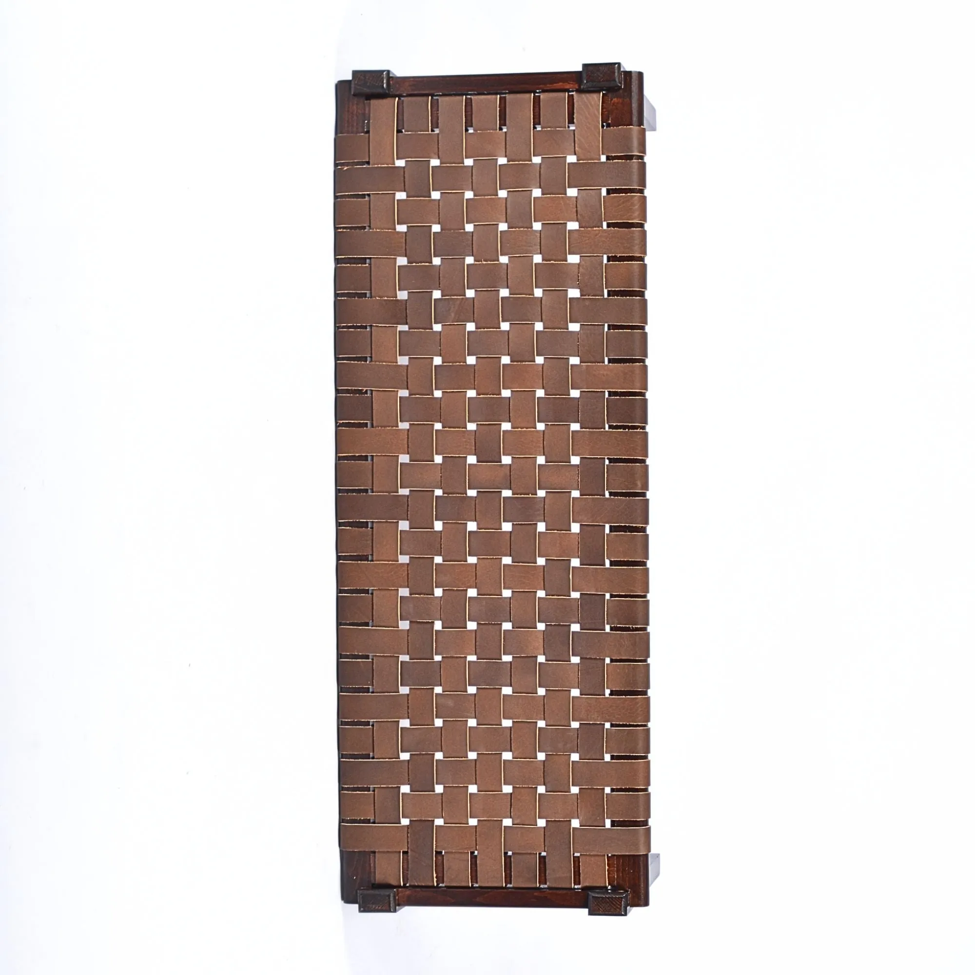 Solveig Woven Leather Bench- Brown Teak Wood With Strap Brown Leather