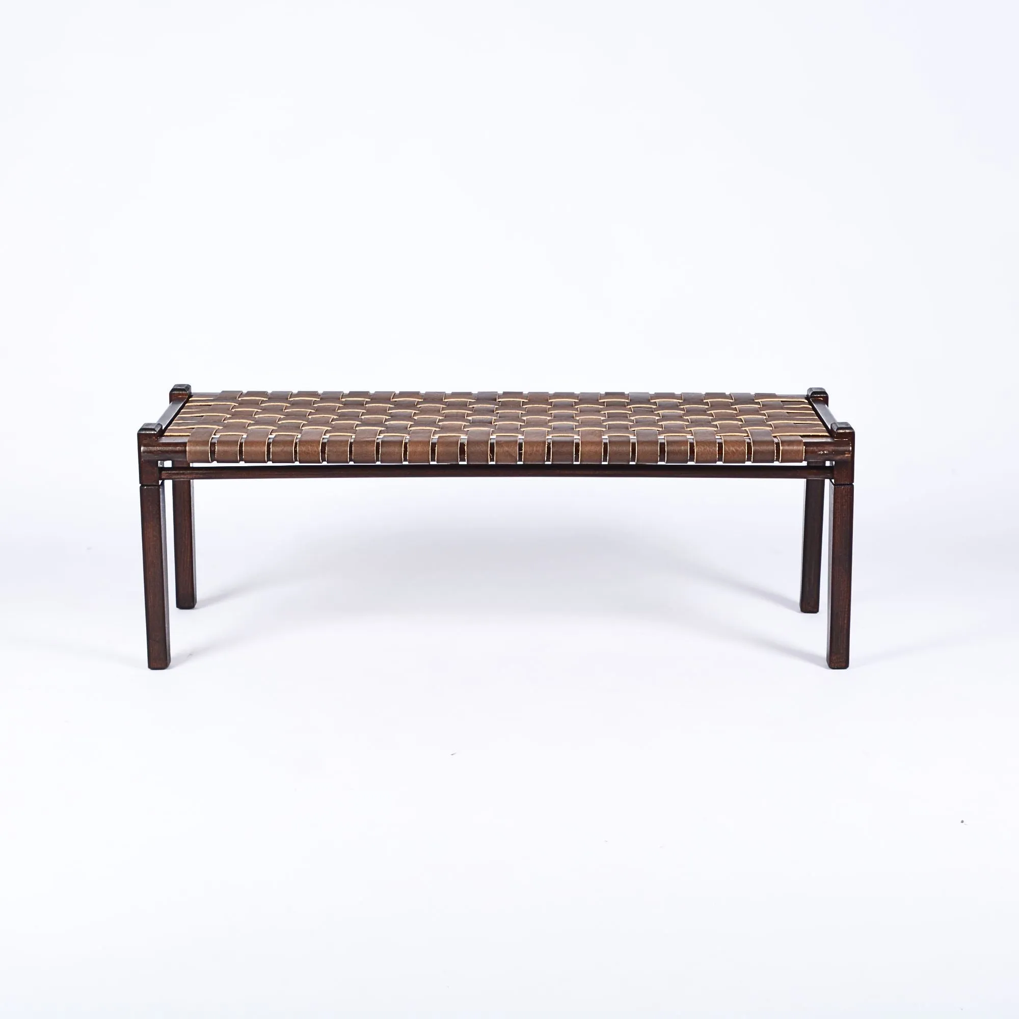 Solveig Woven Leather Bench- Brown Teak Wood With Strap Brown Leather