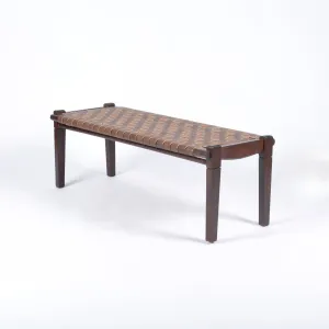 Solveig Woven Leather Bench- Brown Teak Wood With Strap Brown Leather