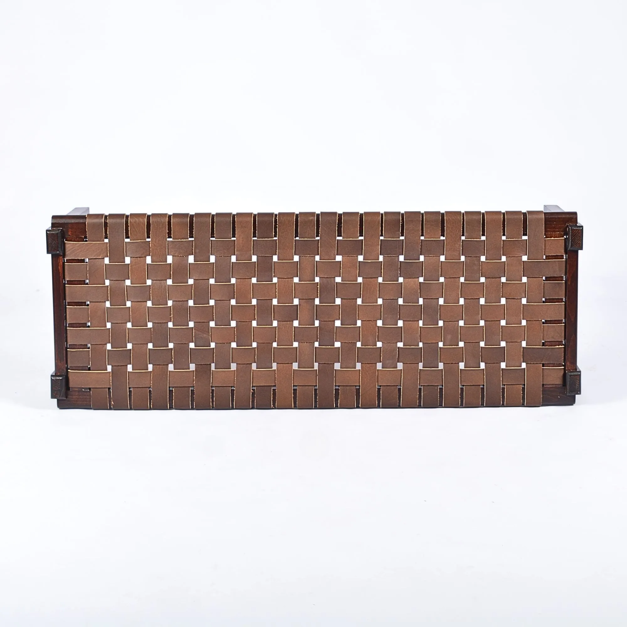 Solveig Woven Leather Bench- Brown Teak Wood With Strap Brown Leather