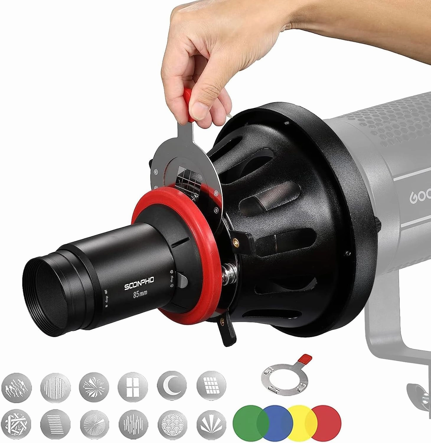 Soonpho OT1 PRO II Bowens Mount Focalize Optical Snoot with 85mm Conical Lens Various Gobos Projector Special Effects Shape Beam Light Cylinder Spotlight Effect for Video Artist Modelling Shape Light