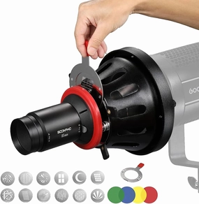 Soonpho OT1 PRO II Bowens Mount Focalize Optical Snoot with 85mm Conical Lens Various Gobos Projector Special Effects Shape Beam Light Cylinder Spotlight Effect for Video Artist Modelling Shape Light