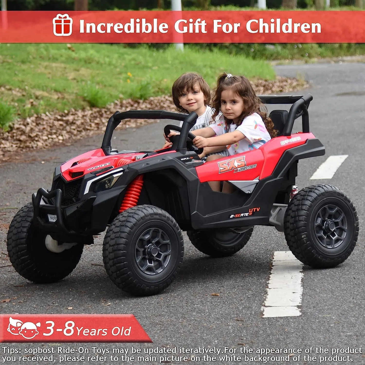 sopbost XXXL 24V Ride On Car with Remote Control 2 Seater Kids UTV 4x4 Electric Vehicle Ride On Toy Car with EVA Tires Wheels, 4x200W Motors, Bluetooth, Red & Black