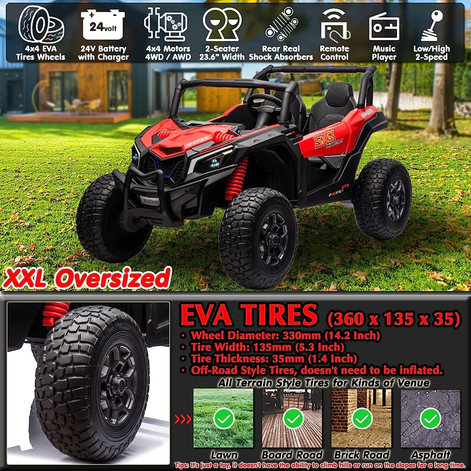 sopbost XXXL 24V Ride On Car with Remote Control 2 Seater Kids UTV 4x4 Electric Vehicle Ride On Toy Car with EVA Tires Wheels, 4x200W Motors, Bluetooth, Red & Black