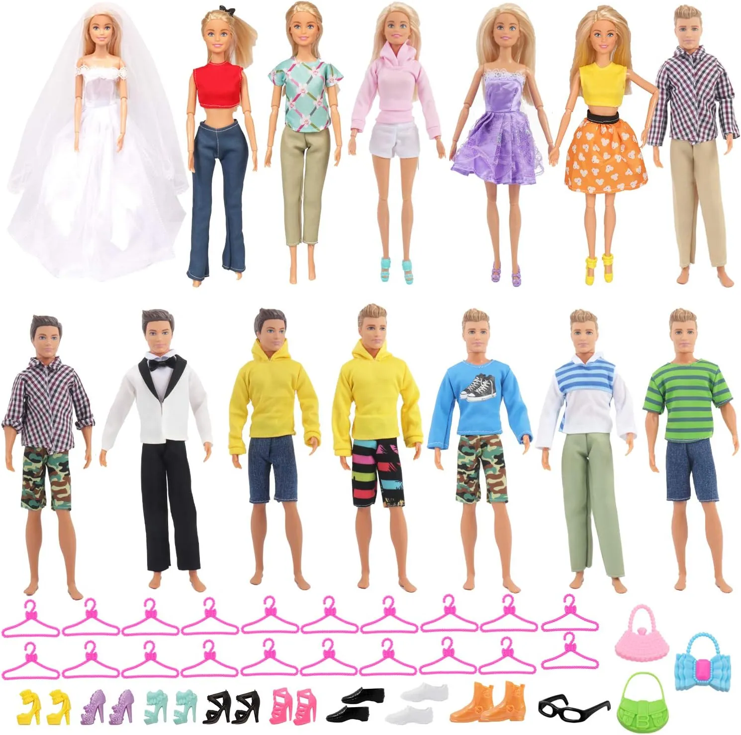 SOTOGO 54 Pieces Doll Clothes and Accessories for 11.5 Inch Girl Boy Dolls Happy Wedding Playset Include 6 Sets Handmade Doll Groom Suit, Wedding Dress and 6 Pairs Shoes