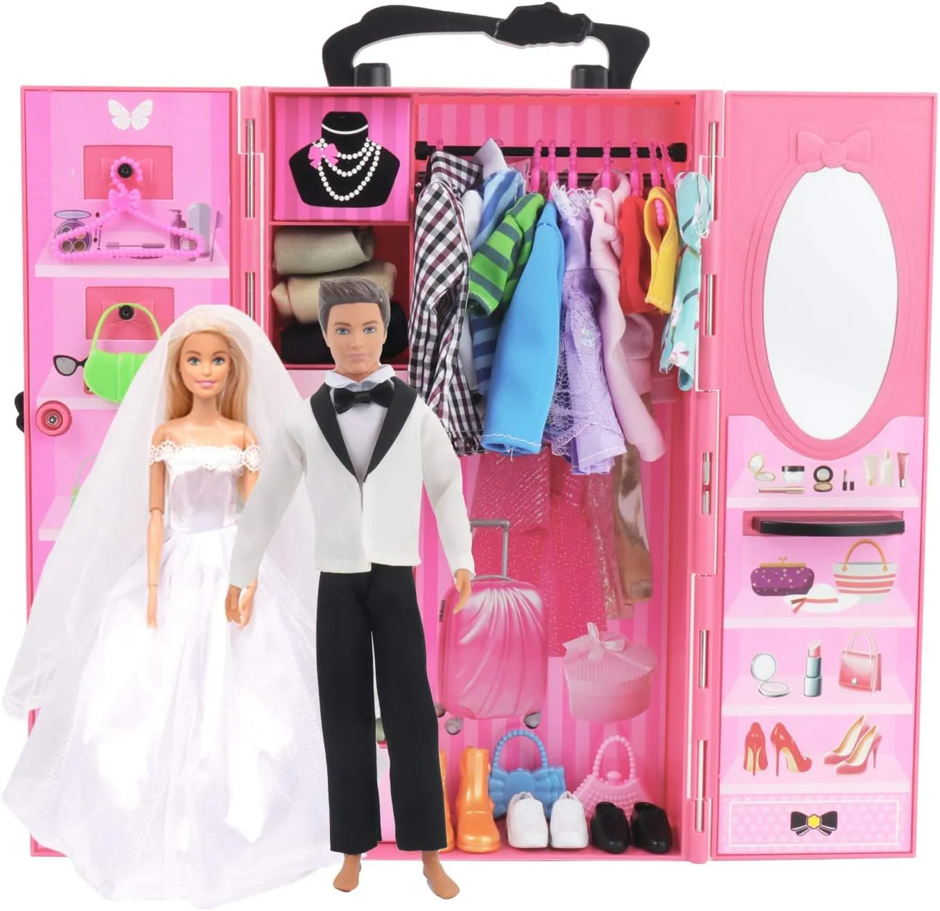 SOTOGO 54 Pieces Doll Clothes and Accessories for 11.5 Inch Girl Boy Dolls Happy Wedding Playset Include 6 Sets Handmade Doll Groom Suit, Wedding Dress and 6 Pairs Shoes